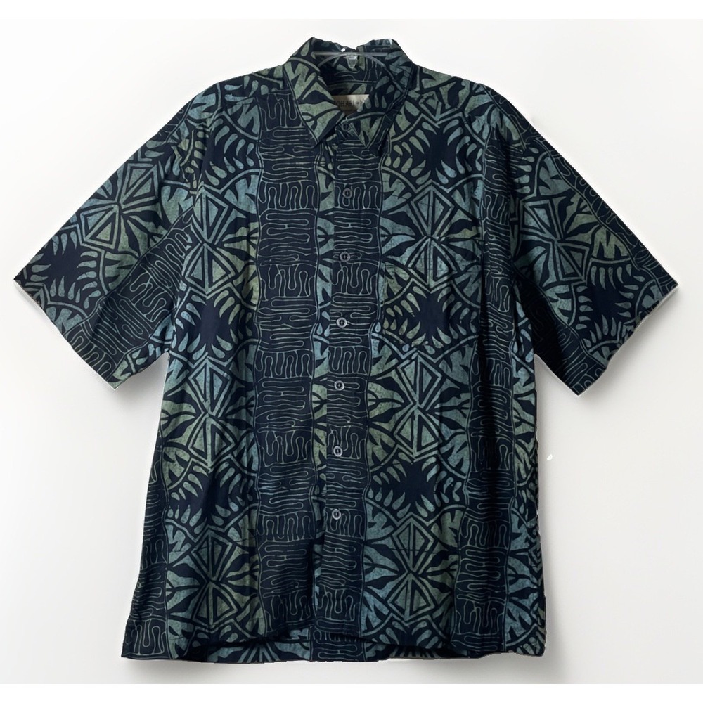 JOHARI WEST BATICK DESIGN HAWAIIAN Tribal Short Sleeve Button Up Shirt Men's L